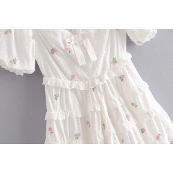Robe élégante imprimé floral vintage à manches courtes volants mode broderie