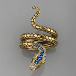 Bague motif serpent, dessus tête incrusté de pierres bleus, ouverture réglable
