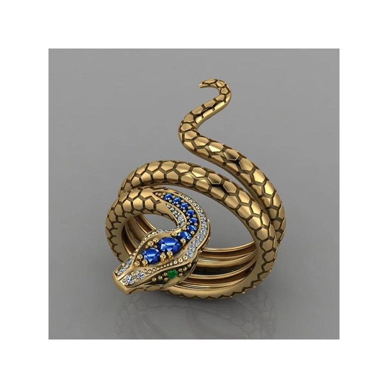 Bague motif serpent, dessus tête incrusté de pierres bleus, ouverture réglable